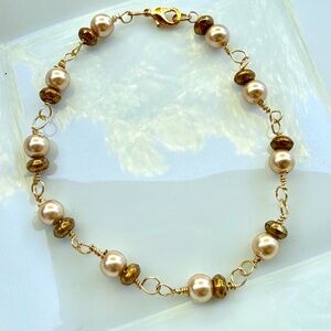 Hand Crafted Bronze Beads & Cream Pearls Gold Tone Wire Wrapped Chain Bracelet